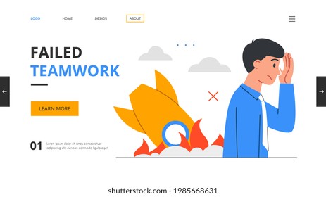 Failed startup and business motivation abstract concept. Young businessman upset because of business failure. Outline minimal style flat cartoon vector illustration