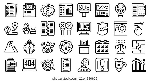 Failed startup icons set outline vector. Broken crash. Rocket down