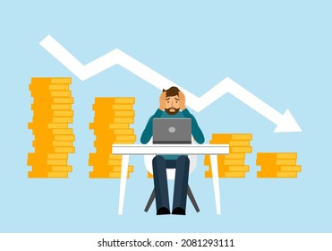 Failed Stressed Businessman Lost Money From Stock Trading In Flat Design. Negative Profit Investment Via Online Business Concept. Bankruptcy.