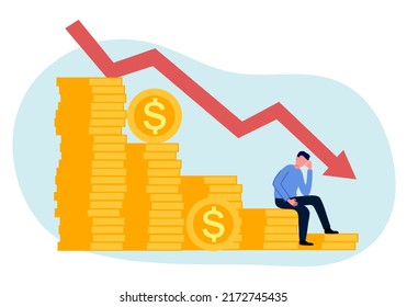 Failed stressed businessman lost money in flat design. Negative profit investment concept. Bankruptcy.