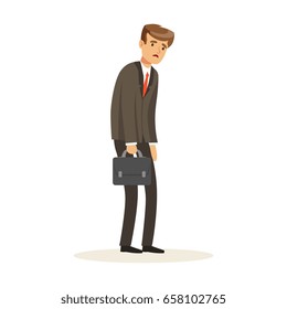 Failed and stressed businessman standing with briefcase, unsuccessful character vector Illustration