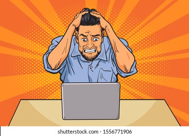 Failed and stressed businessman is tired to work on the computer. He put hands on the head.Busy time of businessman in hard working cartoon background in pop art comic retro style.