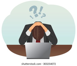 Failed and stressed businessman is tired to work on the computer. He put hands on the head.