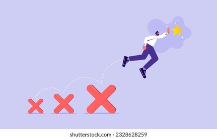 Failed to success, using failure to be lesson learn to achieve business success concept, businessman jumping on many time of failures to reach success star