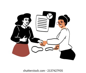 Failed or successful team abstract concept. Good relations between employees. Smiling women shake hands and conclude business agreement. Entrepreneurial transaction. Cartoon flat vector illustration