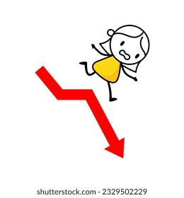Mujer fallida cayendo desde la flecha roja de la gráfica. El fracaso empresarial, la recesión económica, la pérdida de inversión, la crisis o el desplome, la inversión del concepto de riesgo. Ilustración de material vectorial.