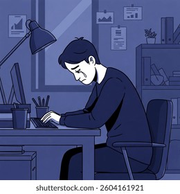 Failed in work Until shedding tears in front of the computer. Sad man shedding tears in front of the computer. Vector illustration