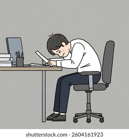 Failed in work while holding paper and shedding tears in front of computer. Sad man shedding tears due to job failure. Vector illustration