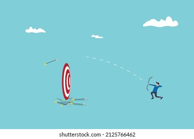 Failing to hit the target. Man desperately trying to shoot arrows with bow to hit the bullseye but failed miserably. Vector artwork depicts failure, inaccurate, missing, and lousy