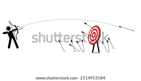 Failing to hit the target. Man desperately trying to shoot arrows with bow to hit the bullseye but failed miserably. Vector artwork depicts failure, inaccurate, missing, and lousy.