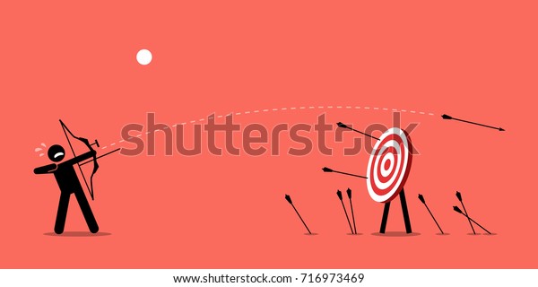 Failing to hit\
the target. Man desperately trying to shoot arrows with bow to hit\
the bullseye but failed miserably. Vector artwork depicts failure,\
inaccurate, missing, and\
lousy.