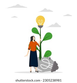 Failing to success, learning from mistakes or motivation to succeed, aspirations and efforts to find new innovations, a cheerful businessman sees a brilliant plant seed idea growing from a broken seed