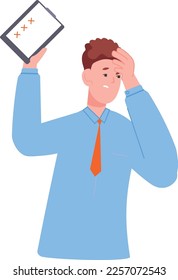 Failing tasks concept. Man hold checklist with red crosses isolated on white background