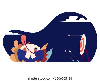Failure in archery. Man Failing to hit the target. Vector illustration in flat style