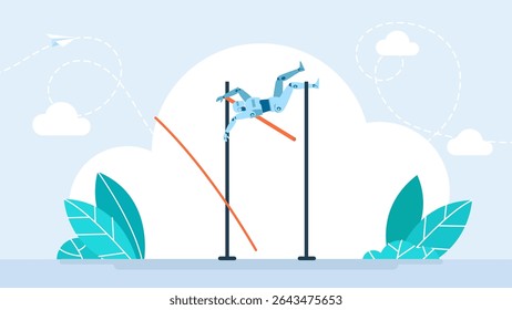 Falha da inteligência artificial. O problema da IA. Um robô realizando um salto com vara. Uma abóbada humanoide. Superar obstáculos ou atingir metas no contexto empresarial. Ilustração vetorial