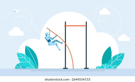 Falha da inteligência artificial. O problema da IA. Um robô realizando um salto com vara. Uma abóbada humanoide. Superar obstáculos ou atingir objetivos.  Conceito comercial. Ilustração vetorial