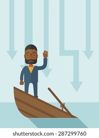 A failure black businessman standing on a sinking boat with those arrows on his back pointing down symbolize that his business is loosing. He needs help. Bankruptcy concept. A contemporary style with
