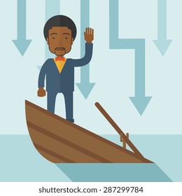 A failure black businessman standing on a sinking boat with those arrows on his back pointing down symbolize that his business is loosing. He needs help. Bankruptcy concept. A contemporary style with