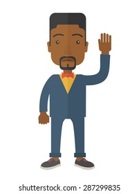 A failure black businessman standing waving his hand. He needs help. Bankruptcy concept. A Contemporary style. Vector flat design illustration isolated white background. Vertical layout