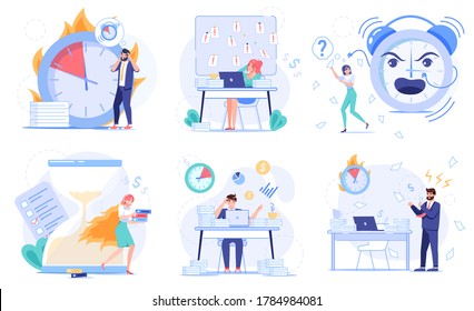 Failure or burning deadline, procrastination, inefficient ineffective time management. Lazy multitasking employee, business people unable to organize tasks work schedule. Stressful office workflow set