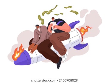 Failure of business development concept. Startup team fail, loss money, has financial problems, crisis in management. Rocket crashing, fall down. Flat isolated vector illustration on white background