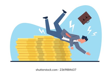 Failure in business, inability to overcome difficulties, businessman is unsuccessful in jumping over financial hurdle. Crisis in economic, loss of income. Cartoon flat vector concept