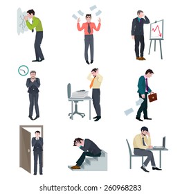 Failure business set with frustrated businessman failure project disaster bad results isolated vector illustration