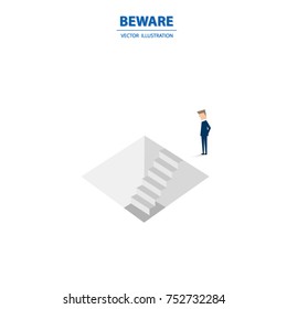 Failure in business vector concept illustration with depressed businessman standing ready to jump. Symbol of bankruptcy, professional problems, crisis. Vector illustration.