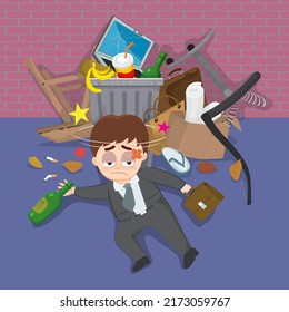 Empresario fallido en pila de basura con botella de alcohol al lado, dibujo de ilustrador vectorial de dibujos animados
