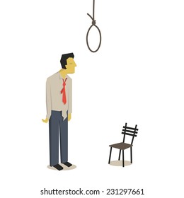 Failure businessman thinking and considering to commit suicide with hanging rope. 