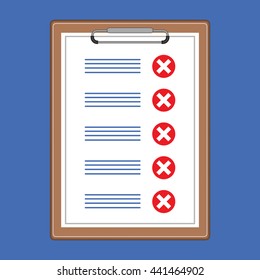 Failure checklist with red X sign illustration vector icon.