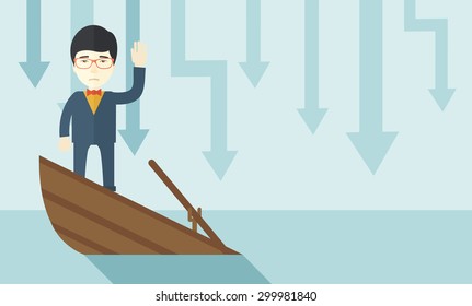 A failure chinese businessman standing on a sinking boat with those arrows on his back pointing down symbolize that his business is loosing. He needs help. Bankruptcy concept. A contemporary style