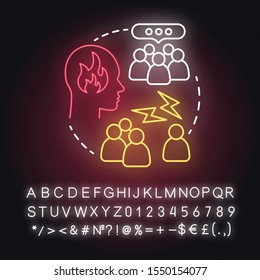 Failure to close partner neon light concept icon. Influence of public opinion on relationships idea. Glowing sign with alphabet, numbers and symbols. Vector isolated illustration