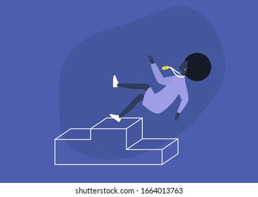 Failure, conceptual illustration, young black female character falling from a pedestal, challenge, championship, losing balance