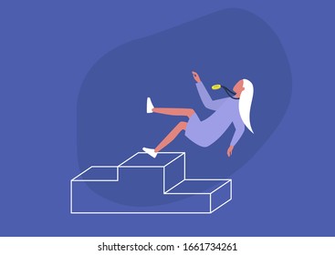 Failure, conceptual illustration, young female character falling from a pedestal, challenge, championship, losing balance