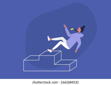 Failure, conceptual illustration, young female character falling from a pedestal, challenge, championship, losing balance