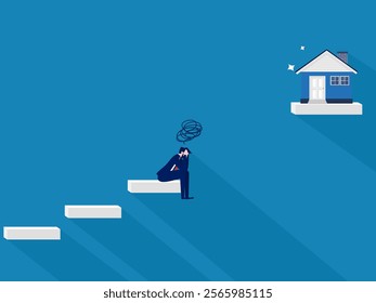 Failure Crisis, Real Estate Big Problems .Businessman Sad About the Gap Between Stairs and Houses