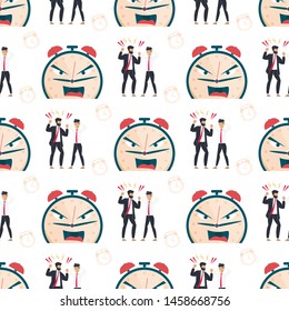 Failure Deadline Seamless Pattern. Angry Boss Yelling at Sad Depressed Male Employee. Furious Alarm Clock Metaphor Face. Scolding for Missed Work. Repeated Vector Illustration. Endless Flat Cartoon