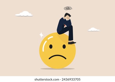 Failure or depression, stupidity, stress and anxiety on failure concept, frustrated businessman holding his head sitting alone on sad face emoticon.