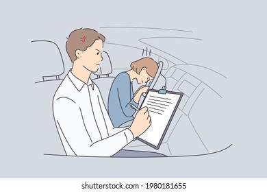 Failure in education concept. Adolescent girl cartoon character sitting feeling sad and stressed because of failing her driving test with man instructor writing bad score vector illustration 