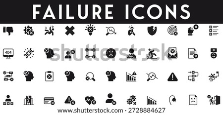 Failure Icons set vector illustration with collection of loss downward revenue drop minus balance decline bar shutdown warning broken chain staff exit finance risk debt chain frustration 