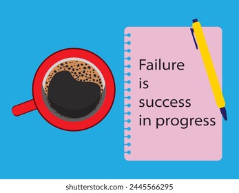 El fracaso es la clave del éxito. Una taza de café, cuadernos y una pluma. Motivación, diario, Cotizaciones de éxito y fracaso, icono de cuadernos de lápiz, símbolo. Puede utilizar para infografía y Diseño web