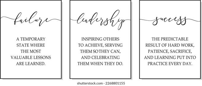 Failure, Leadership, Success. Inspiring positive quote. Frame workplace decoration. Triptych inspirational quotes wall art print for home, office wall decor. Black color motivational poster canvas.