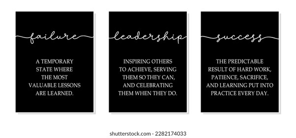 Failure, Leadership, Success. Inspiring positive quote. Frame workplace decoration. Triptych inspirational quotes wall art print for home, office wall decor. Black color motivational poster canvas.