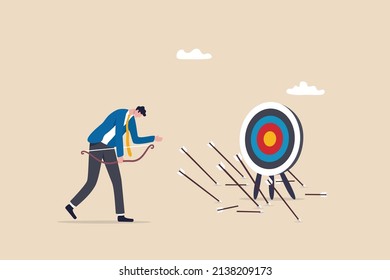 Failure missed all business target, loser mistake or error, incompetence, despair or disappointment from losing opportunity concept, frustrated businessman archery disappoint on his off target arrows.