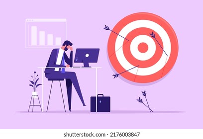 Failure missed all business target, loser mistake or error, incompetence, despair or disappointment from losing opportunity concept, frustrated businessman disappoint on his off target arrows