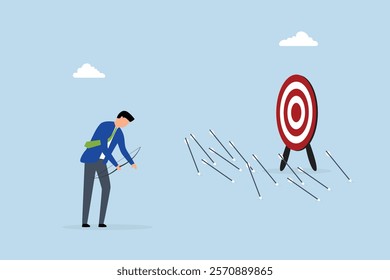 Failure missed all business target, disappointed entrepreneur archery frustration with his misfired arrows. 