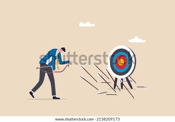 Failure missed all business target, loser mistake
or error, incompetence, despair or disappointment from losing
opportunity concept, frustrated businessman archery disappoint on
his off target arrows.