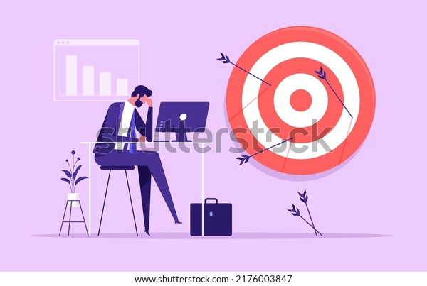 Failure missed all business target, loser mistake\
or error, incompetence, despair or disappointment from losing\
opportunity concept, frustrated businessman disappoint on his off\
target arrows