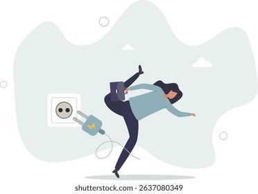 Failure or mistake, accident or surprise problem that impact business concept, clumsy businesswoman stumble with power cable electric plug falling on the floor. character life .